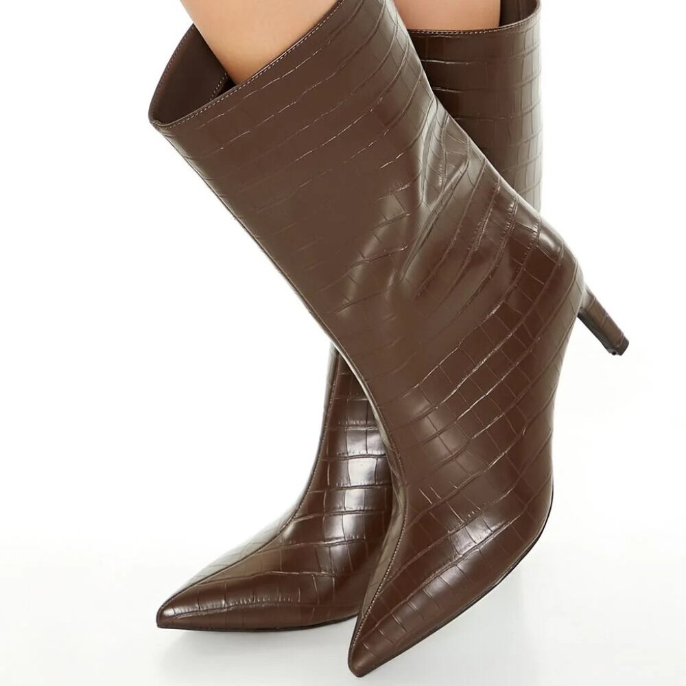 Forever 21 Brown Faux Crocs Pointed Toe Slip On Calf Length Boots SZ 6